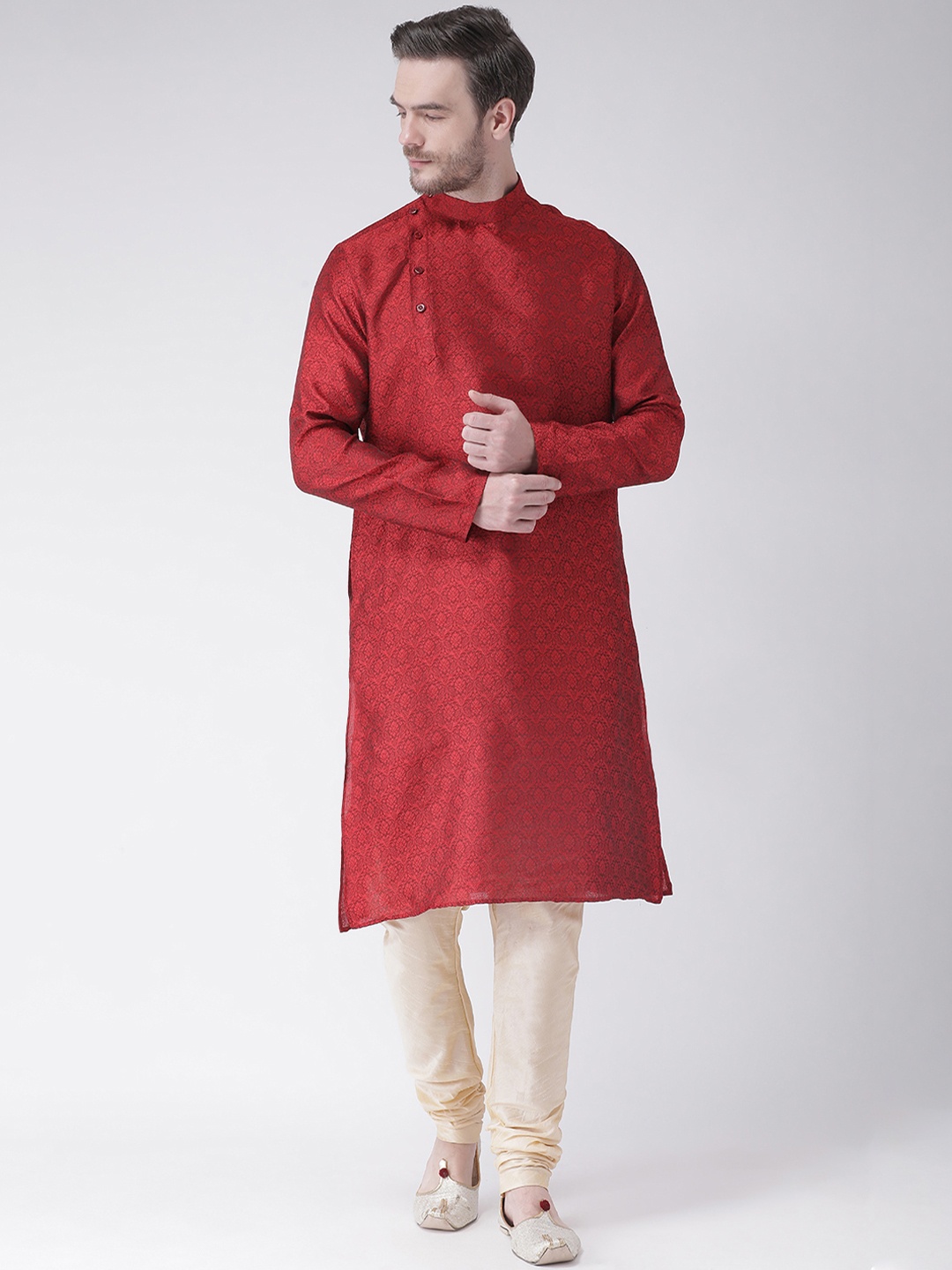 DEYANN Men Red & Beige Woven Design Straight Kurta