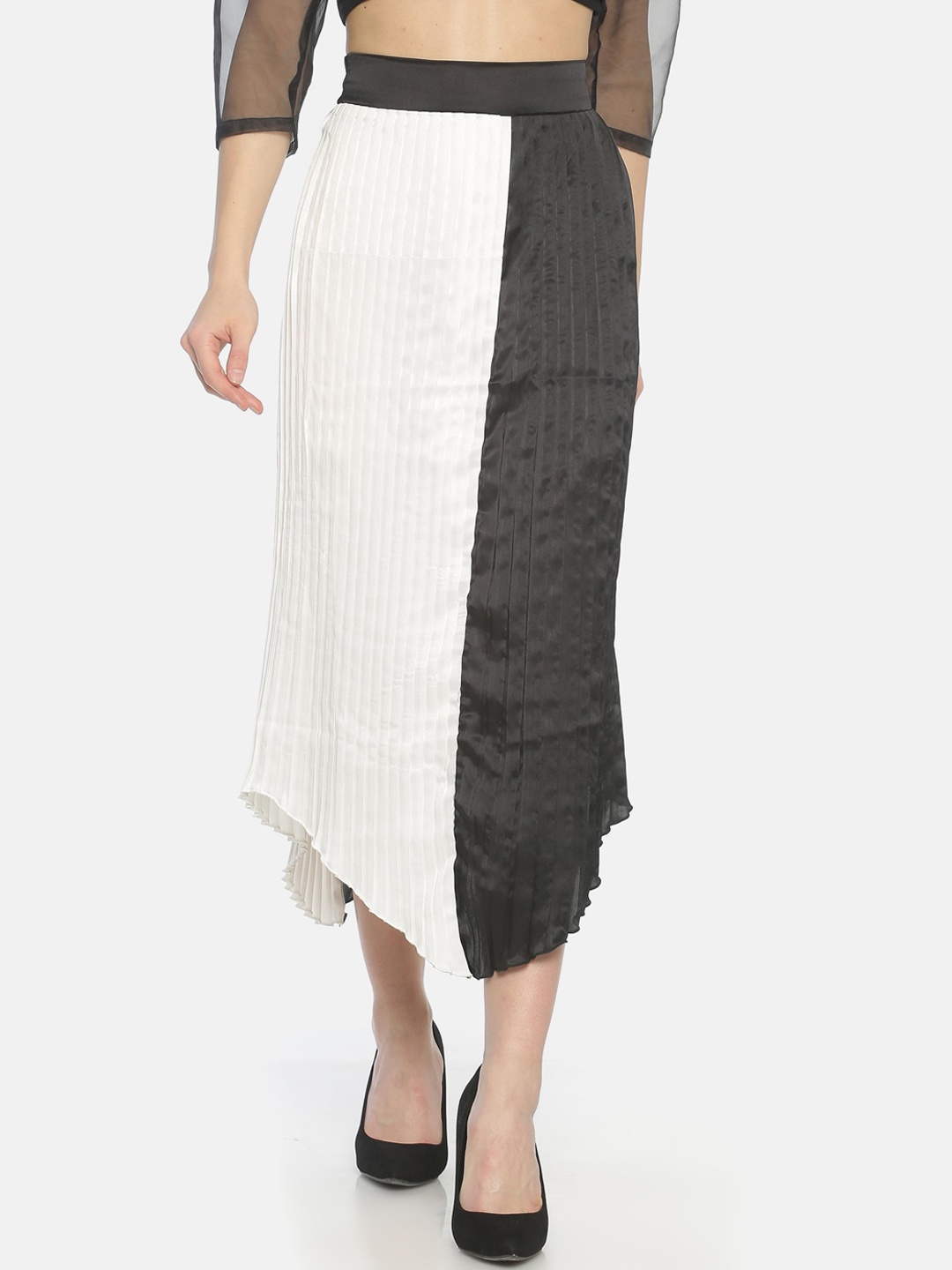 

ISU Women Black & White Colourblocked Pleated A-Line Midi Skirt