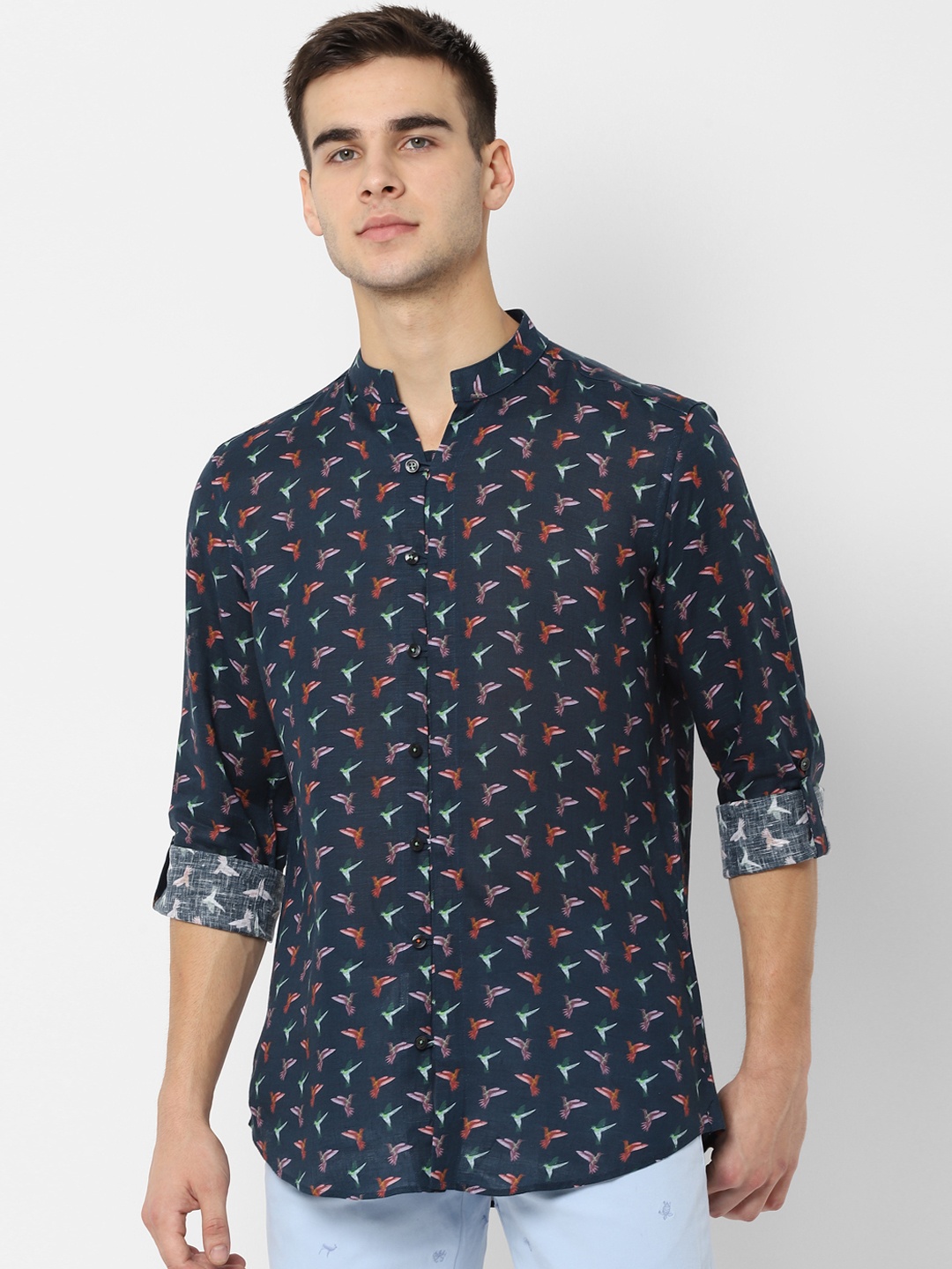 

SIMON CARTER LONDON Men Navy Blue Regular Fit Printed Linen Casual Shirt