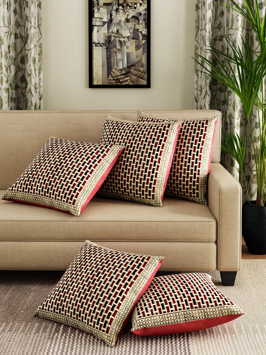 

ROMEE Beige & Gold-Toned Set of 5 Self Design Square Cushion Covers