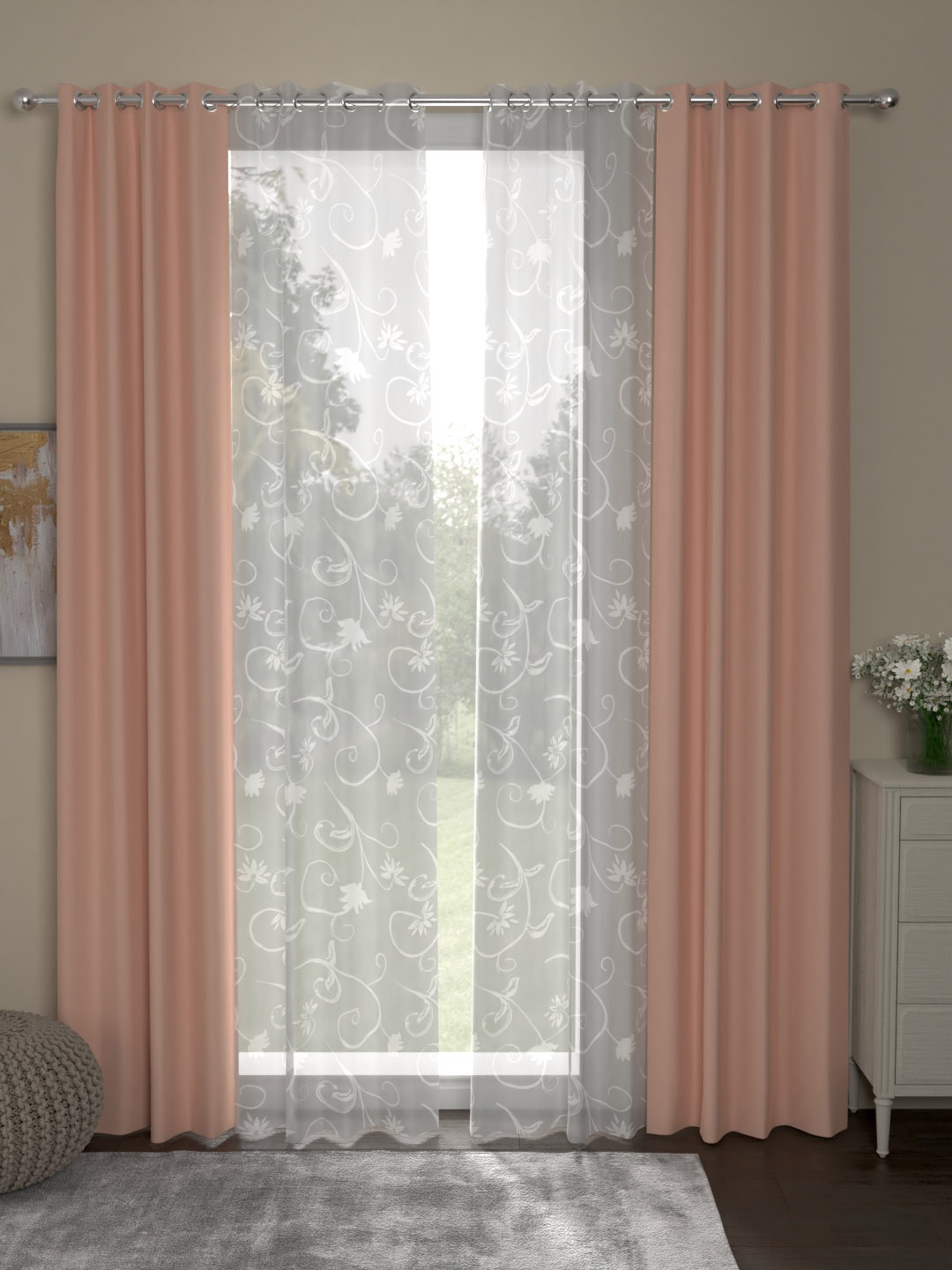 

ROSARA HOME Peach-Coloured & White Set of 4 Door Curtains