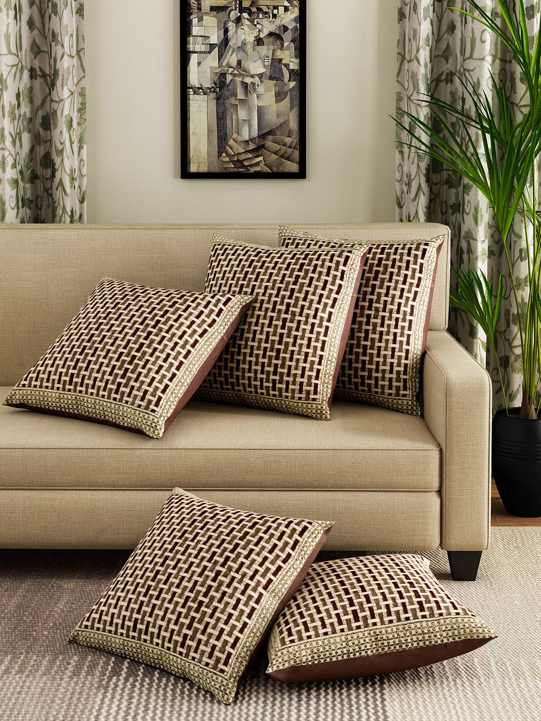 

ROMEE Beige & Gold-Toned Set of 5 Self Design Square Cushion Covers