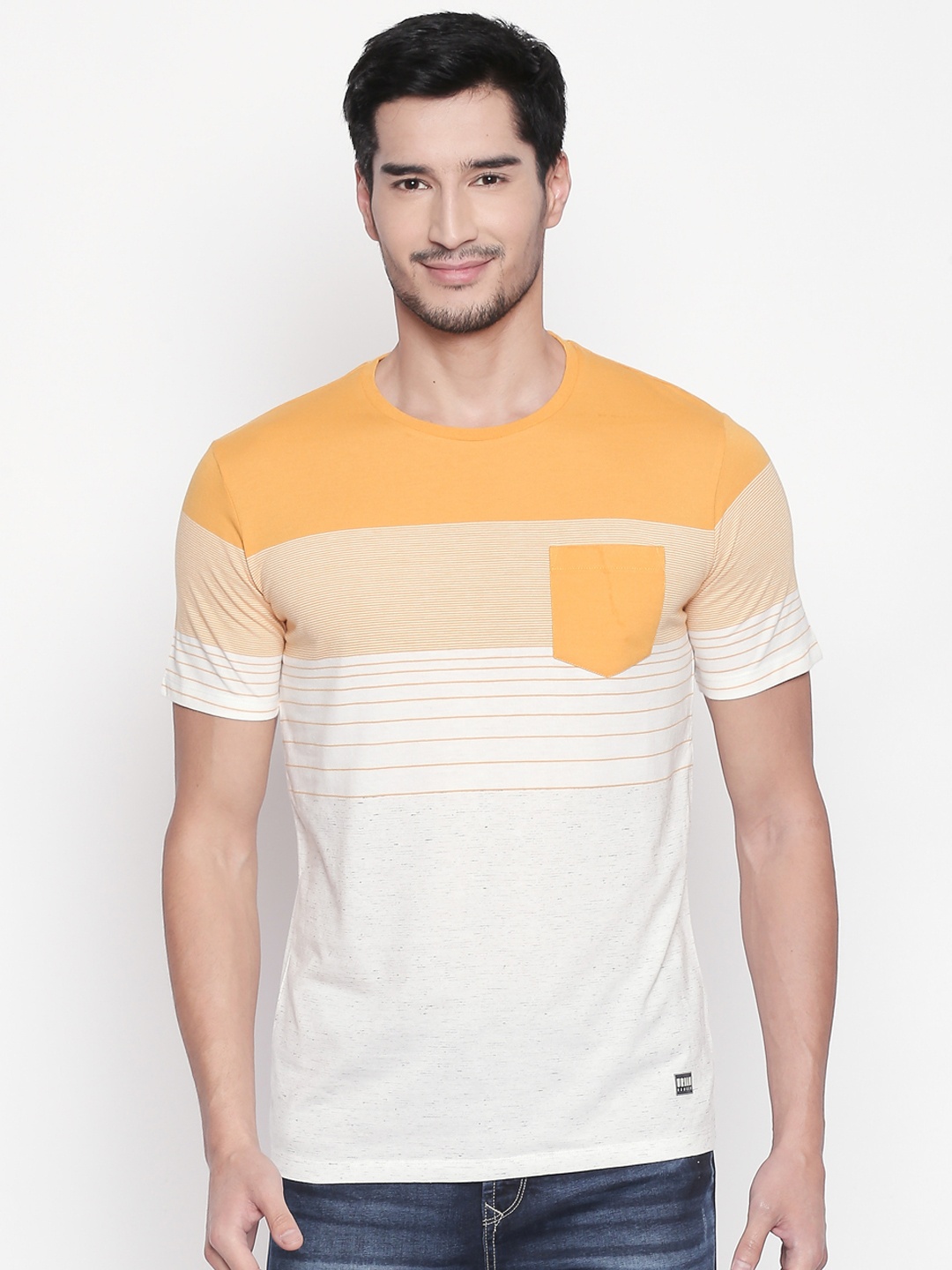 

Urban Ranger by pantaloons Men Yellow Striped Round Neck T-shirt