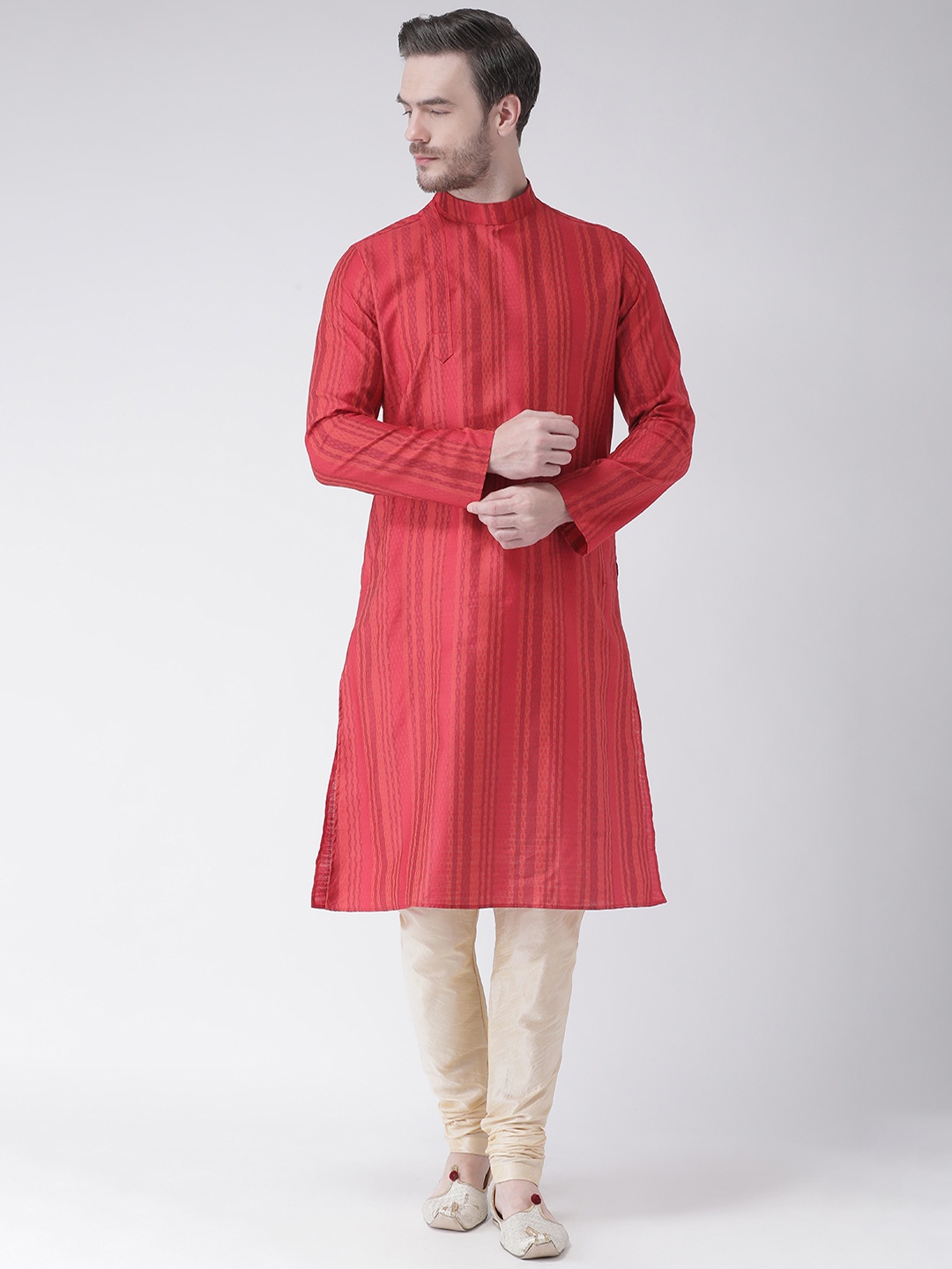 DEYANN Men Red Woven Design Jacquard Silk Straight Kurta