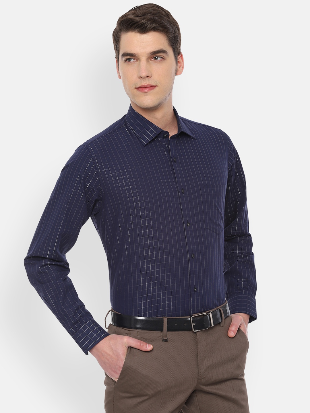 

Van Heusen Men Navy Blue & Silver-Toned Slim Fit Checked Formal Shirt