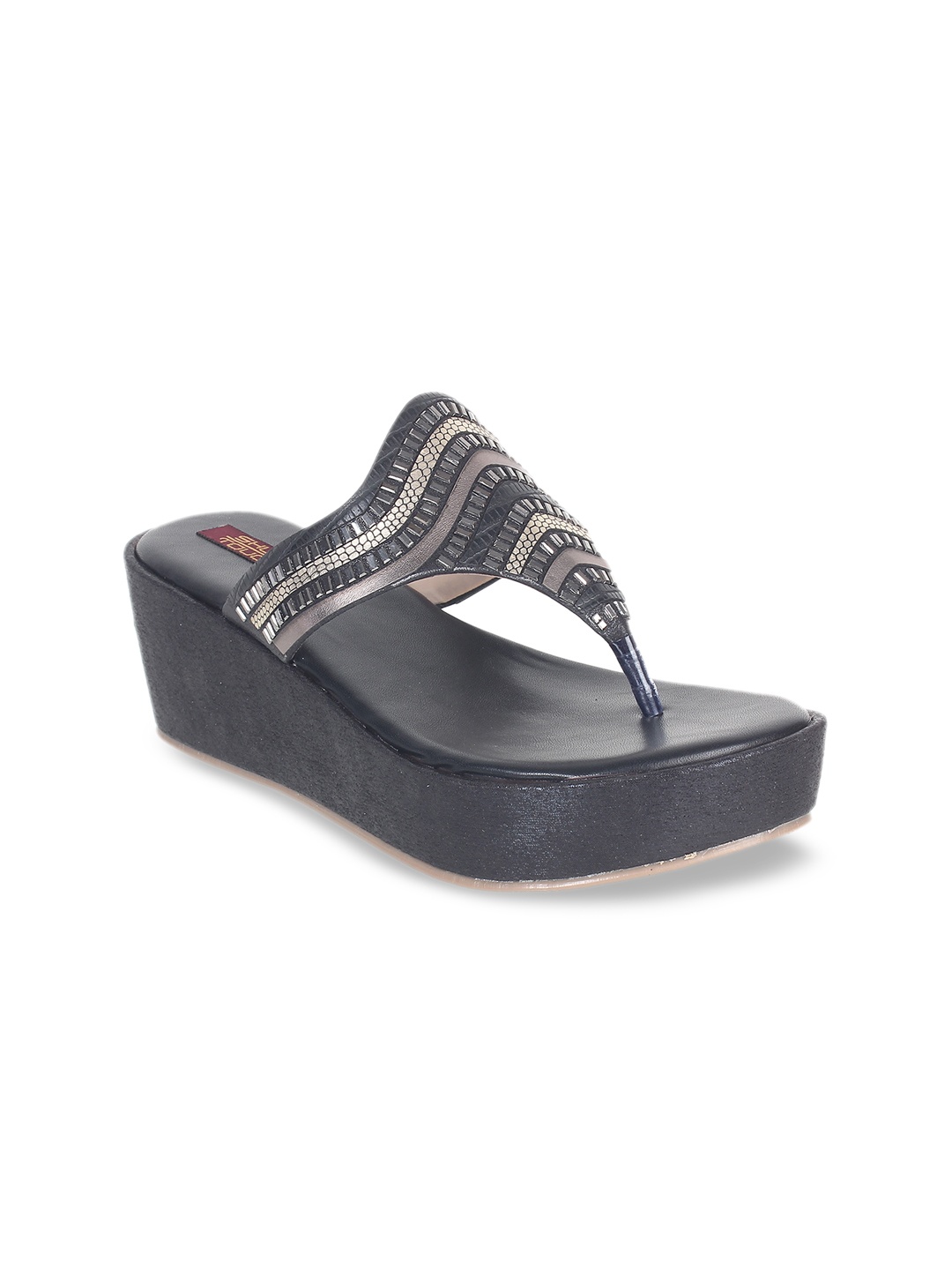 

SHUZ TOUCH Women Black & Gold-Toned Embellished Wedges