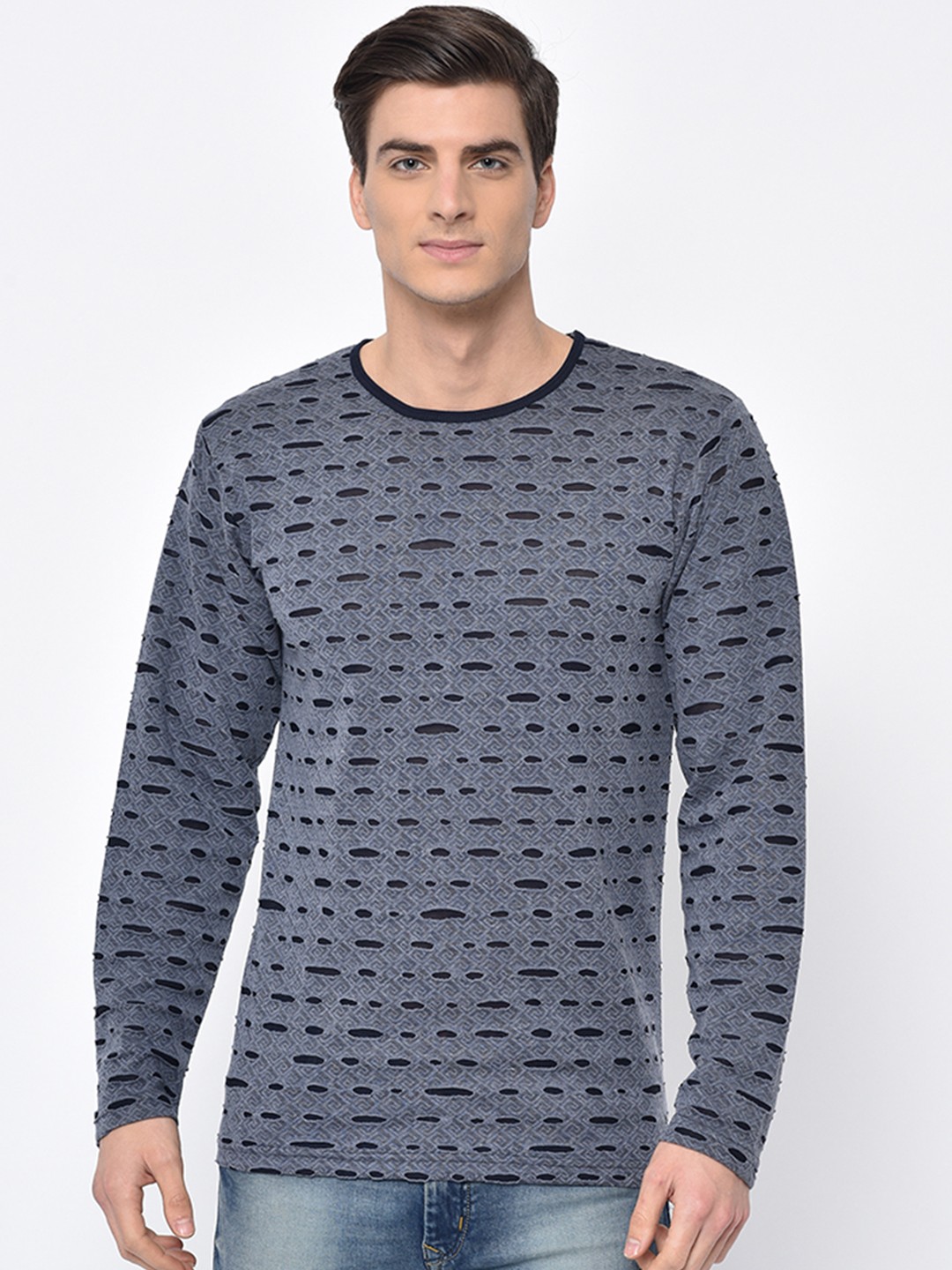 

VIMAL JONNEY Men Navy Blue Self Design Round Neck T-shirt
