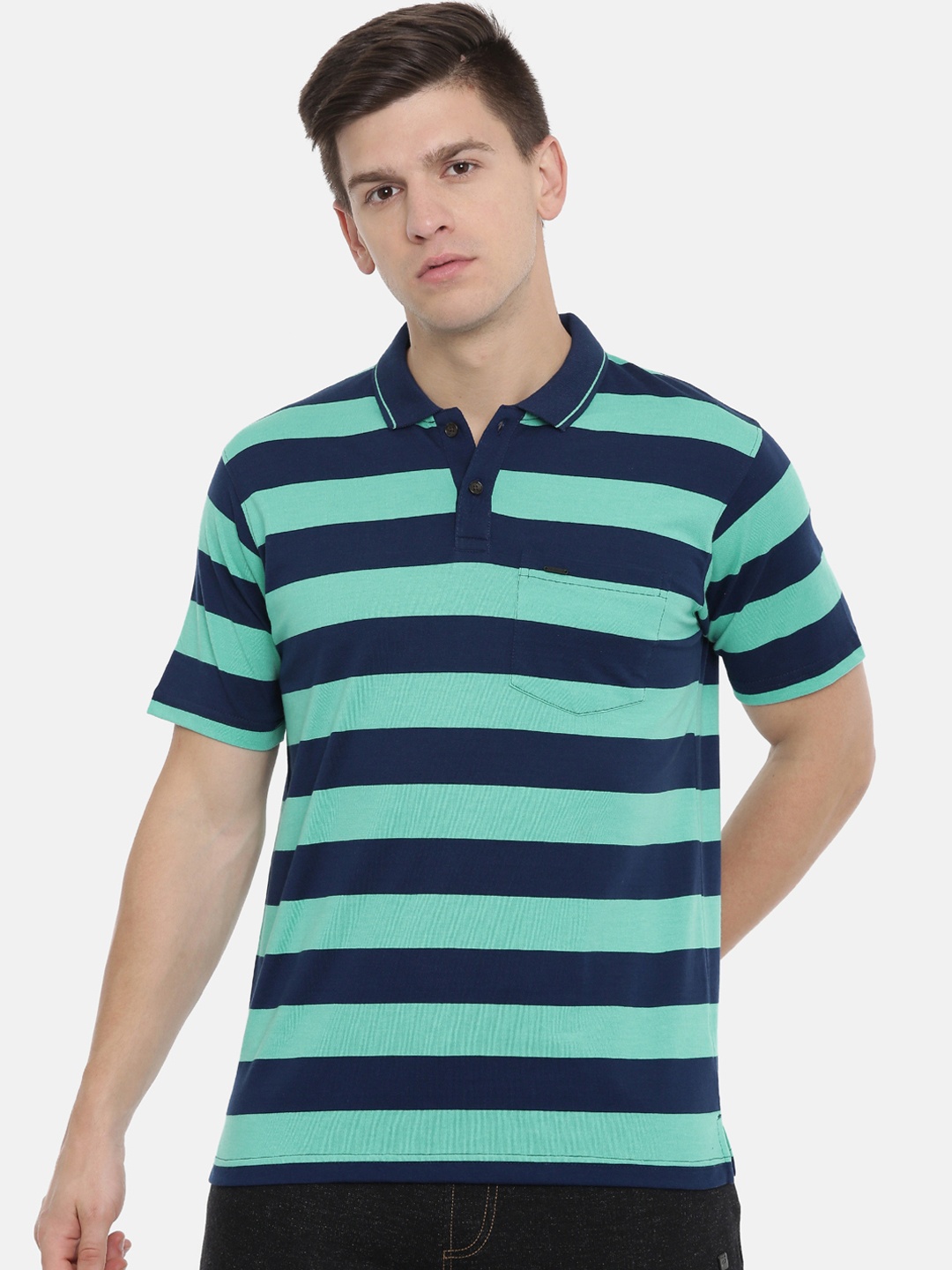 

Proline Men Green Striped Polo Collar T-shirt
