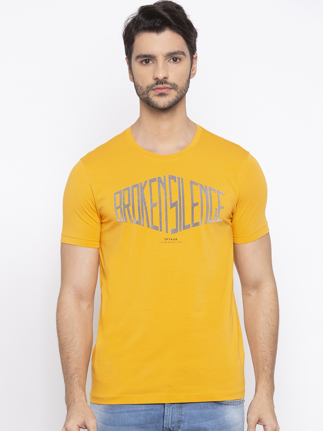 

SPYKAR Men Yellow Printed Round Neck T-shirt