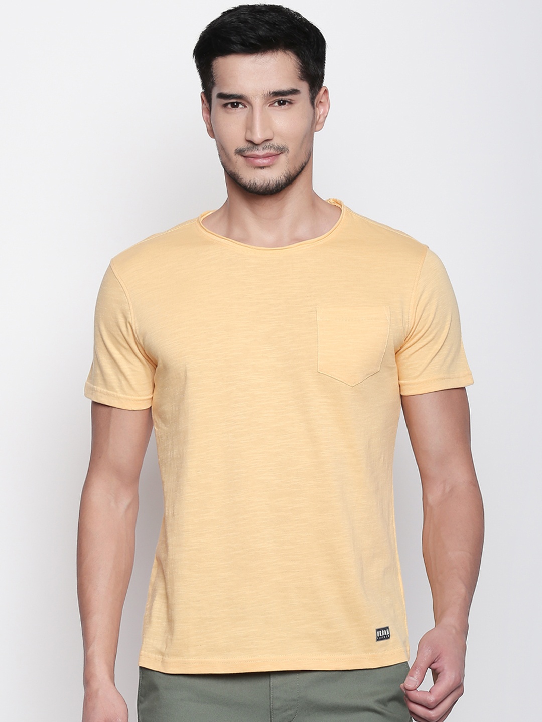 

Urban Ranger by pantaloons Men Yellow Solid Round Neck Pure Cotton T-shirt