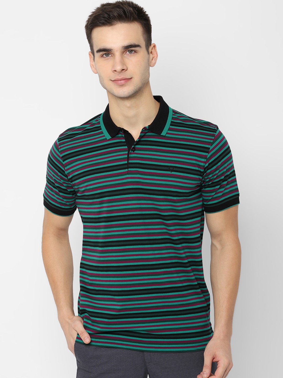 

Allen Solly Men Green Striped Polo Collar Pure Cotton T-shirt