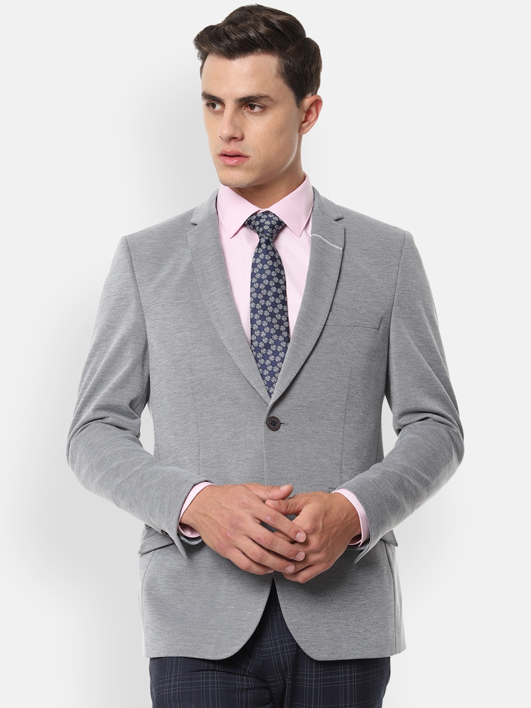 

V Dot Men Grey Solid Slim-Fit Single-Breasted Formal Blazer