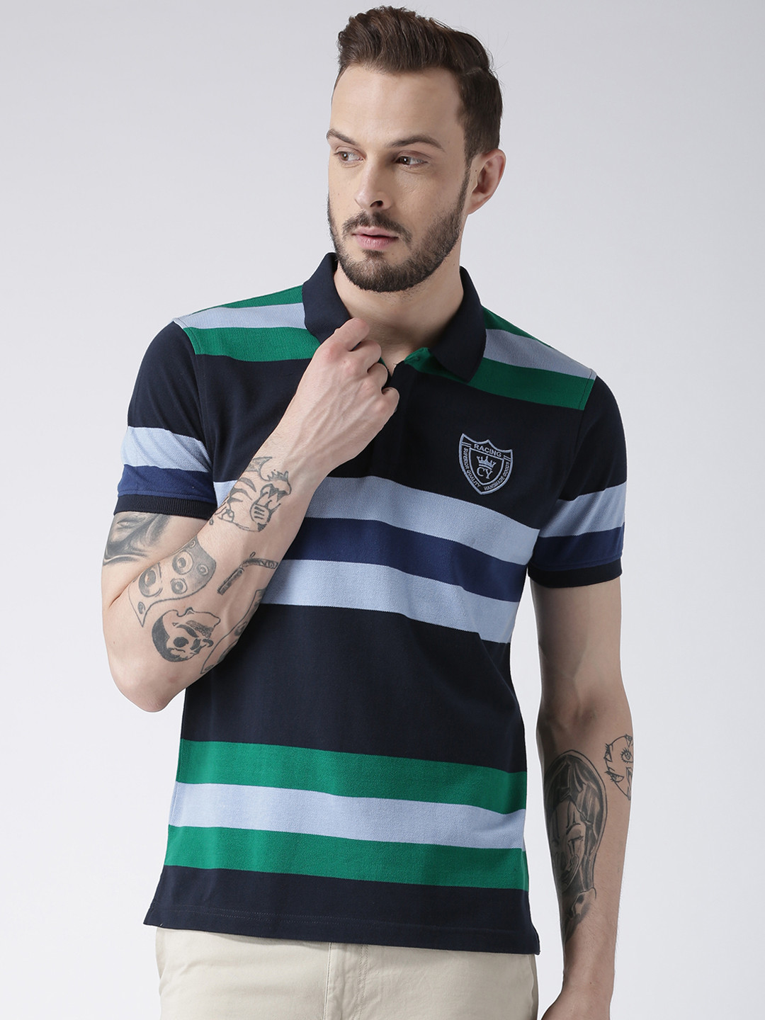 

Club York Men Navy Blue & Green Striped Polo Collar T-shirt