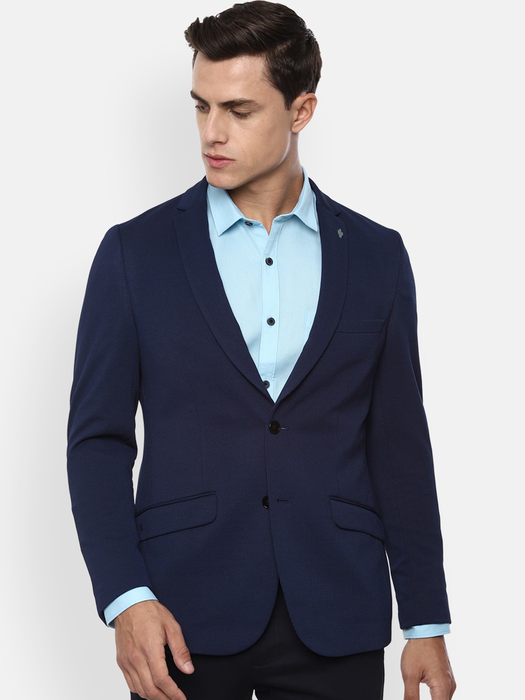 

V Dot Men Navy Blue Self Design Slim Fit Single-Breasted Formal Blazer