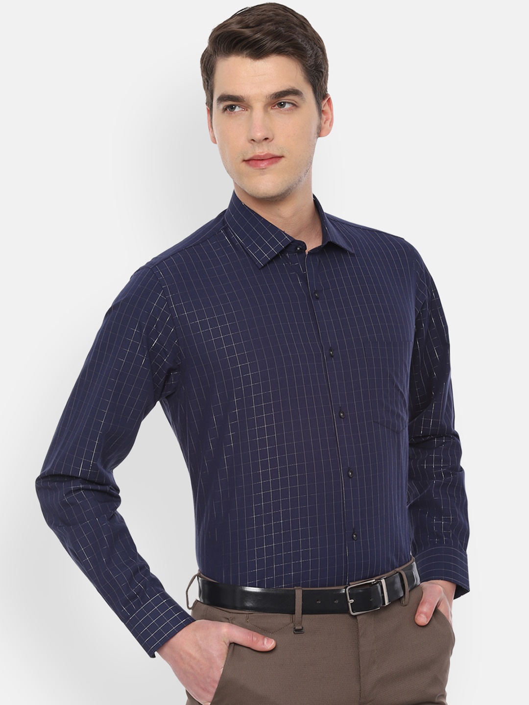 

Van Heusen Men Navy Blue Slim Fit Checked Formal Shirt