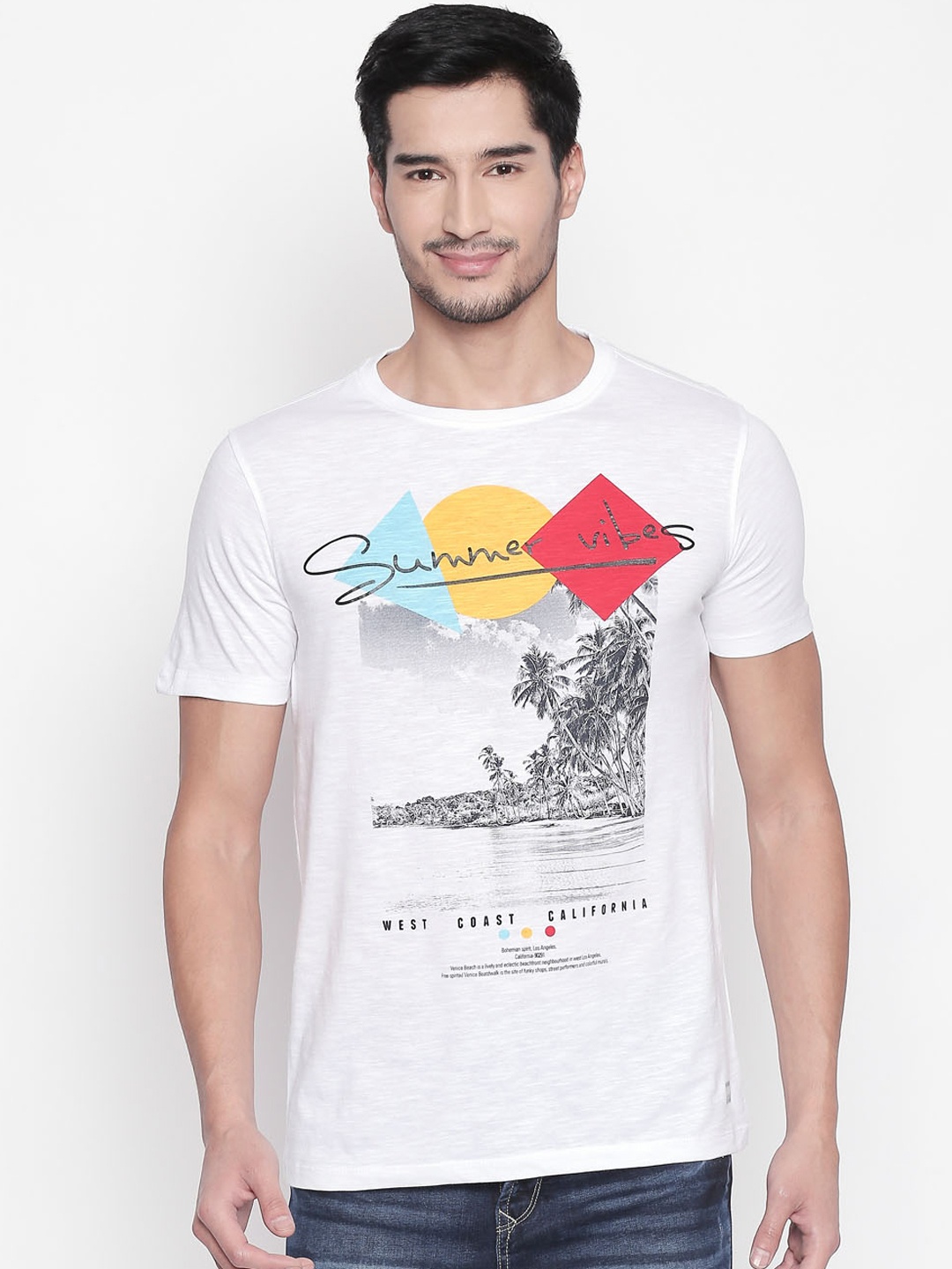 

Urban Ranger by pantaloons Men White Printed Round Neck Pure Cotton T-shirt