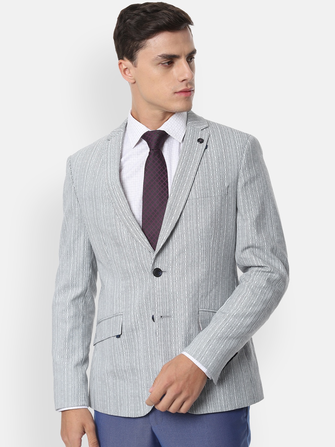 

V Dot Men Black & White Striped Slim Fit Single-Breasted Formal Blazer