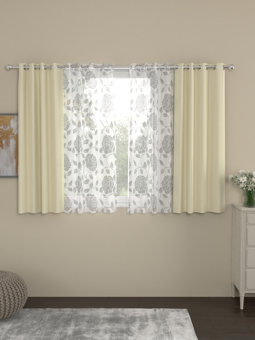

ROSARA HOME Cream-Coloured & White Set of 4 Window Curtains