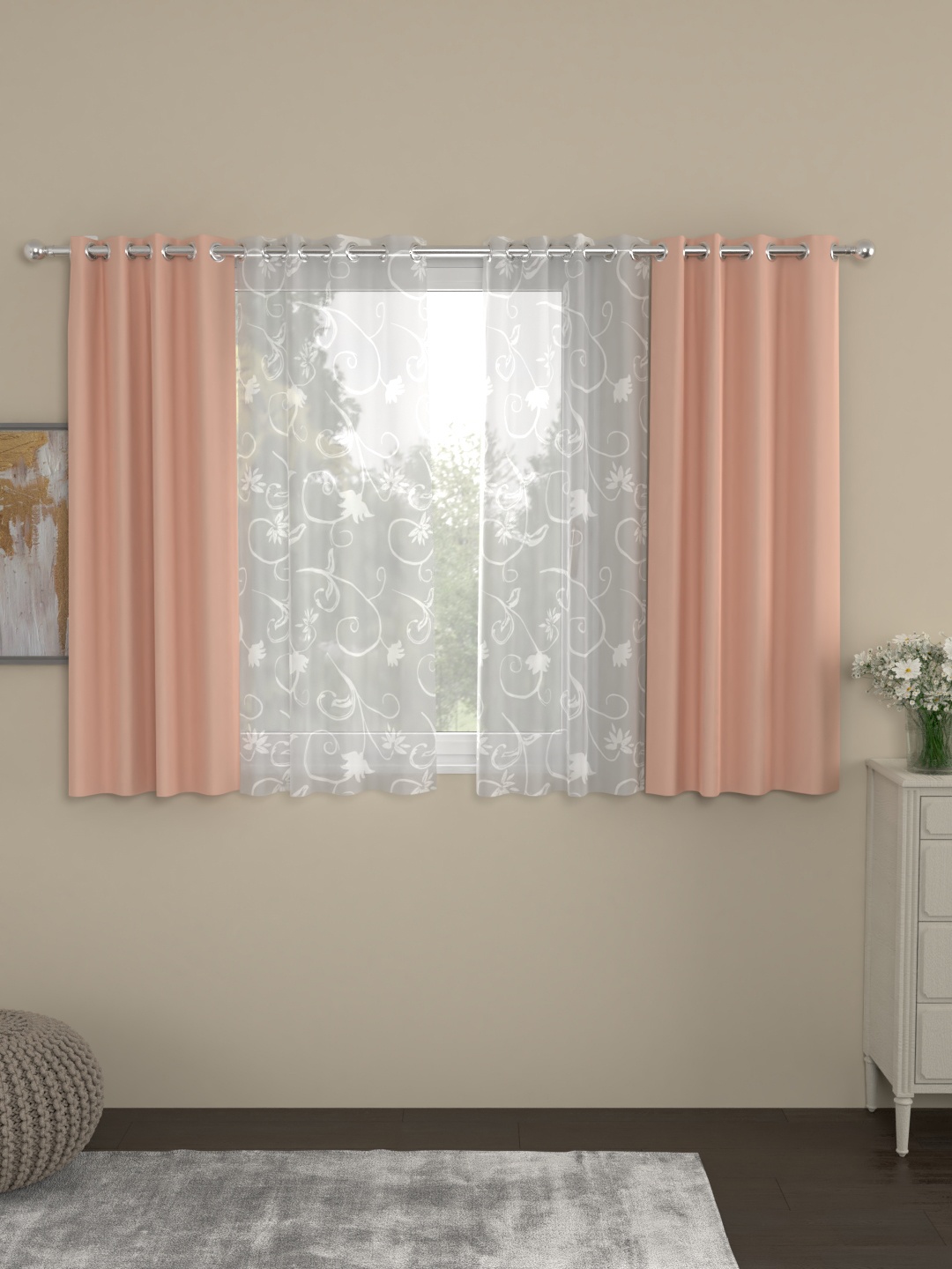 

ROSARA HOME Peach-Coloured & White Set of 4 Window Curtains
