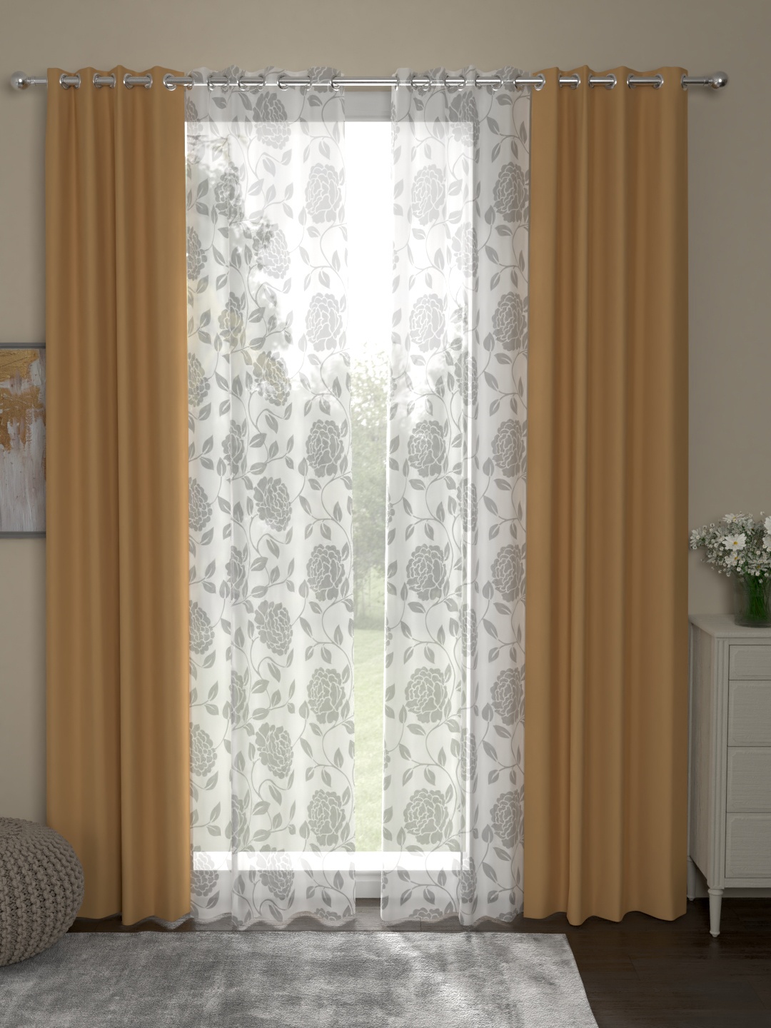 

ROSARA HOME Taupe & White Set of 4 Door Curtains
