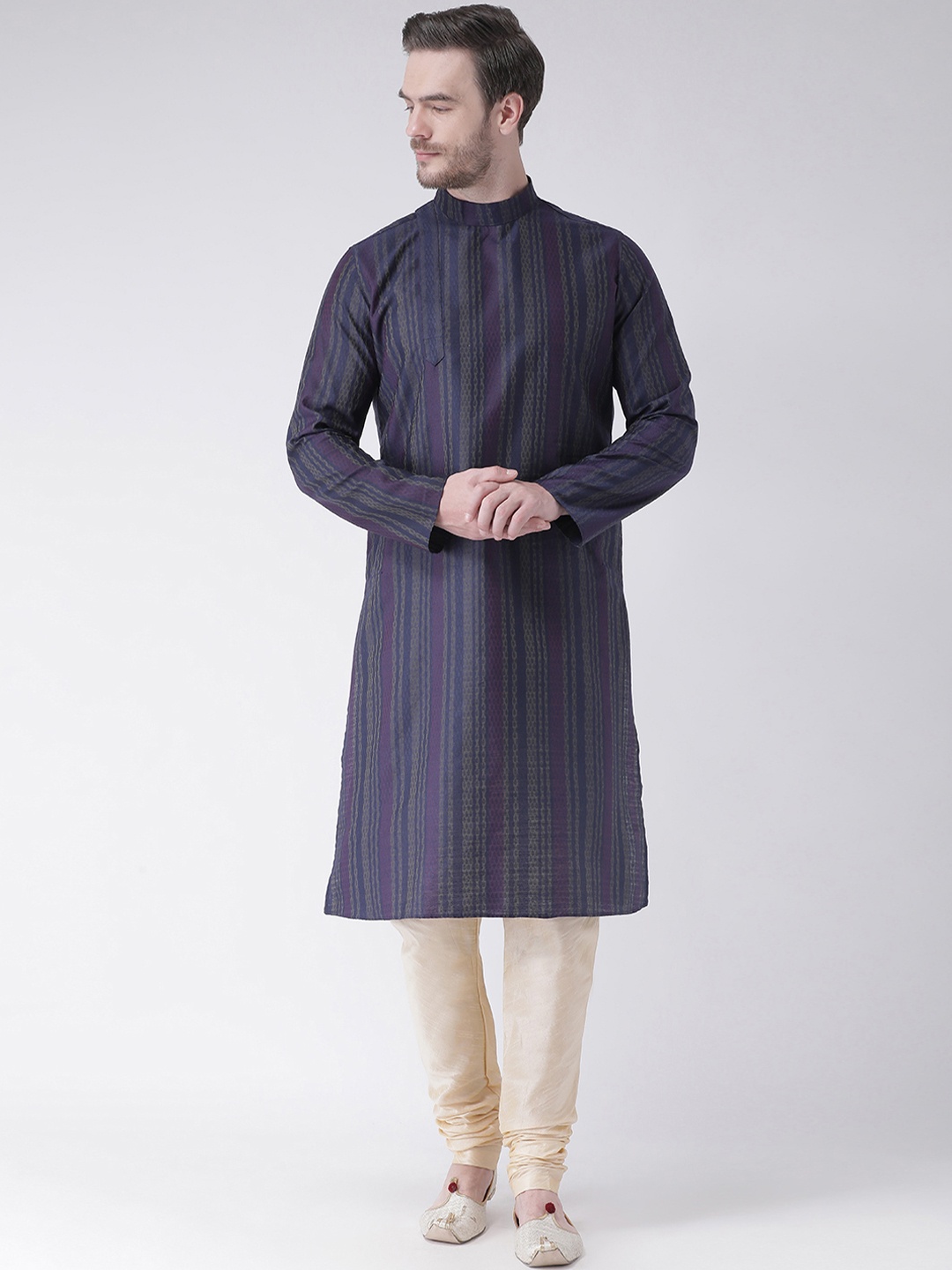 DEYANN Men Navy Blue & Beige Woven Design Straight Kurta