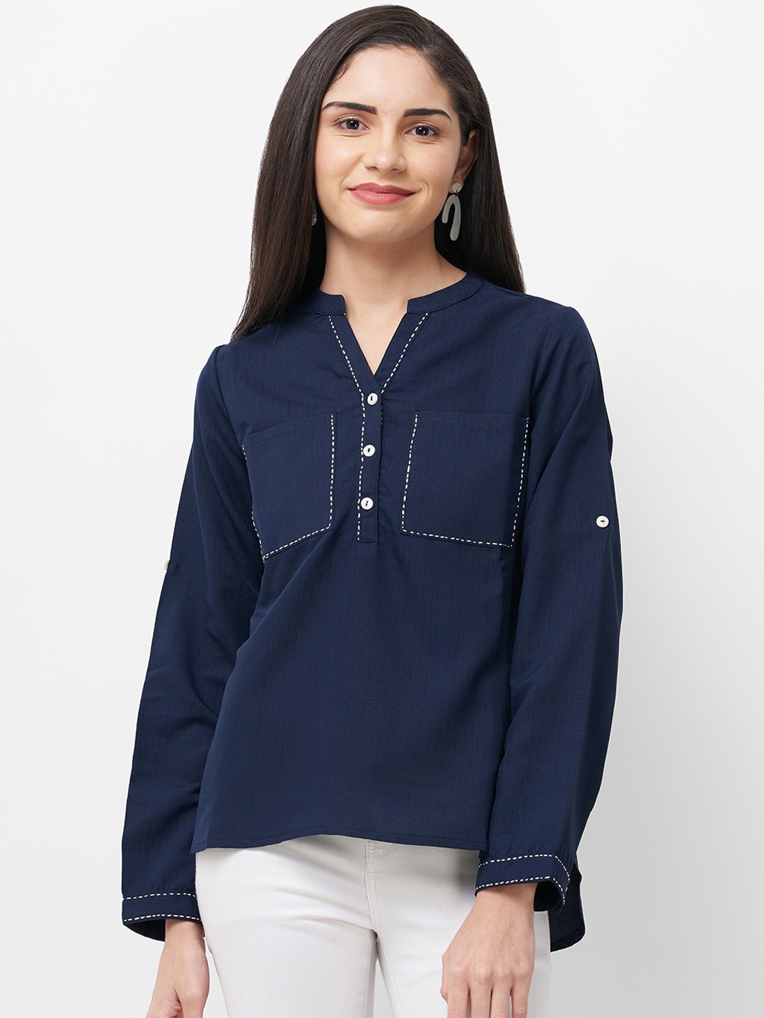 

109F Women Navy Blue Solid Shirt Style Top