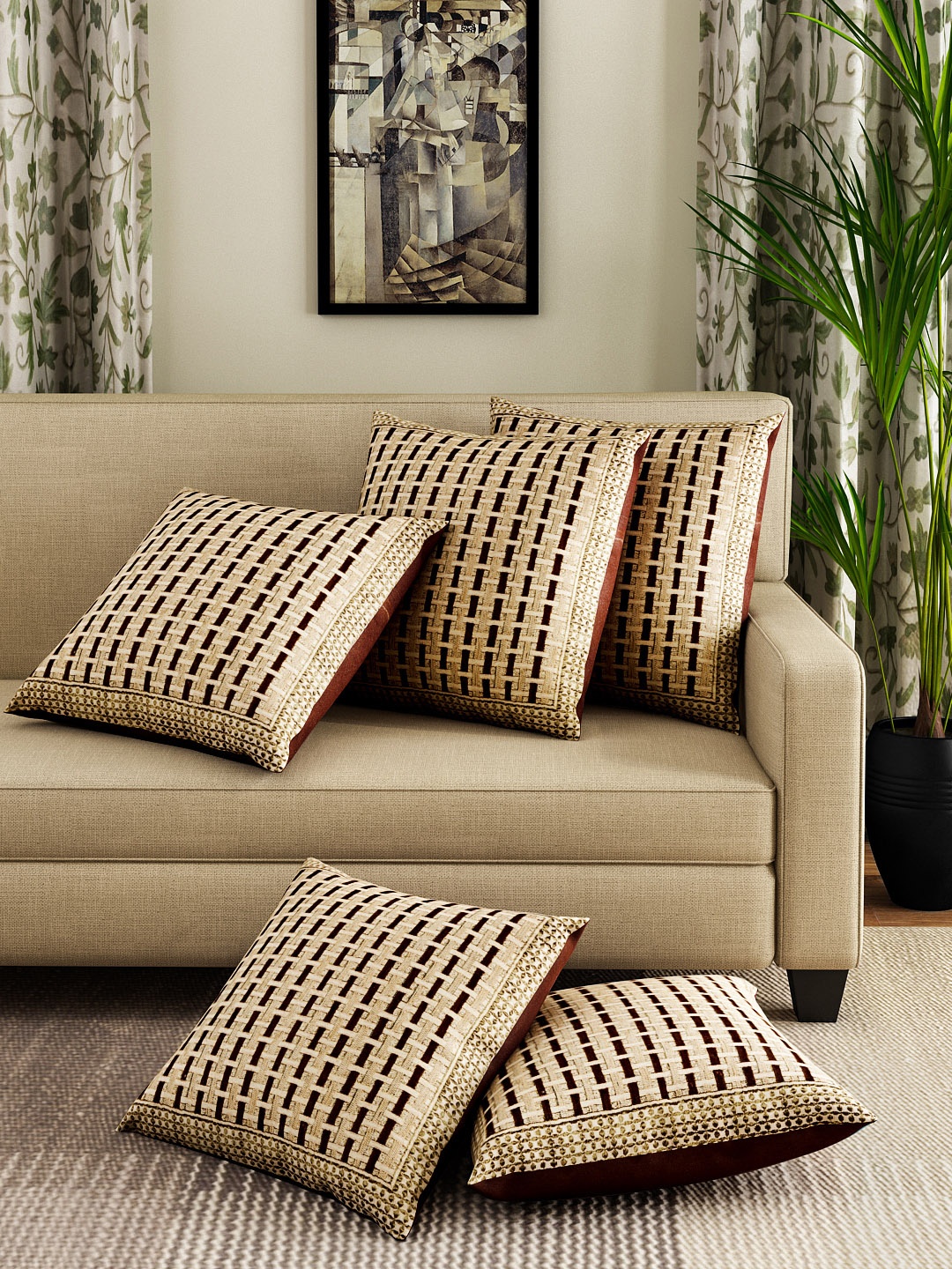 

ROMEE Coffee Brown & Gold-Toned Set of 5 Self Design Square Cushion Covers