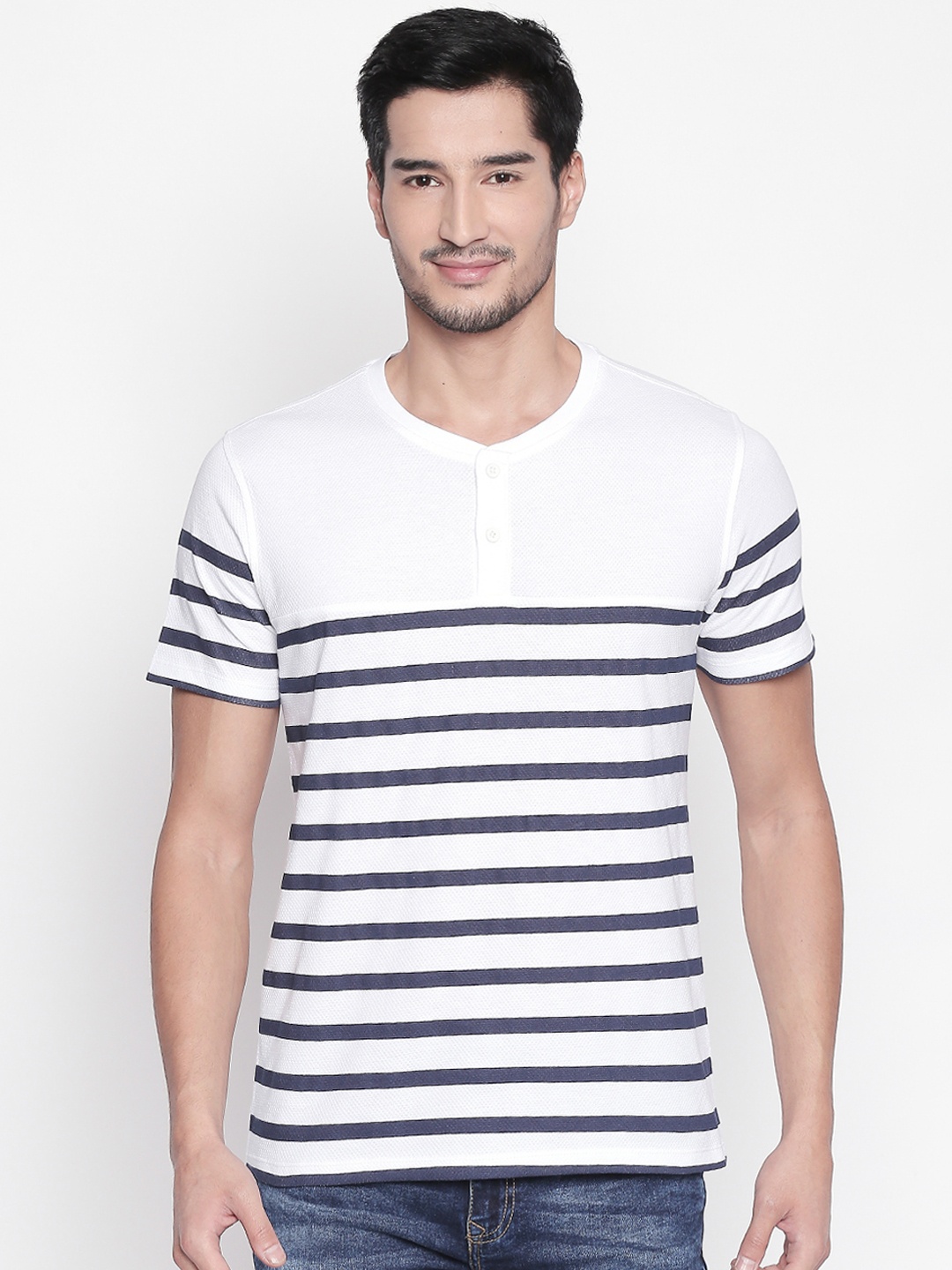 

Urban Ranger by pantaloons Men White Blue Striped Mandarin Collar Pure Cotton T-shirt