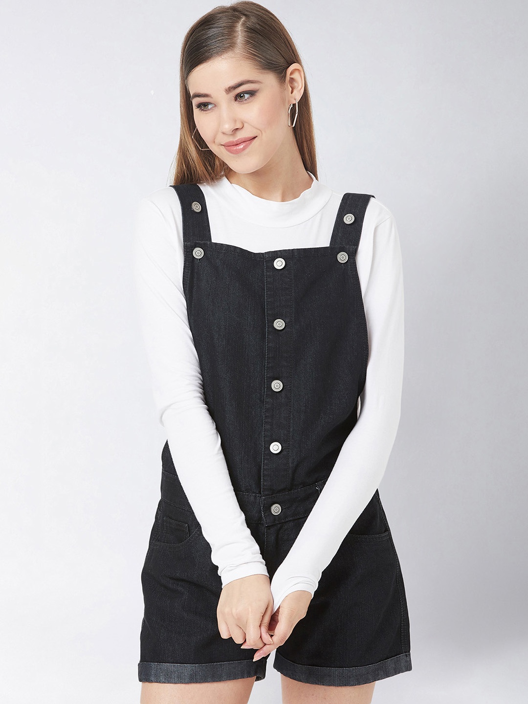 

Miss Chase Women Black Solid Denim Dungarees