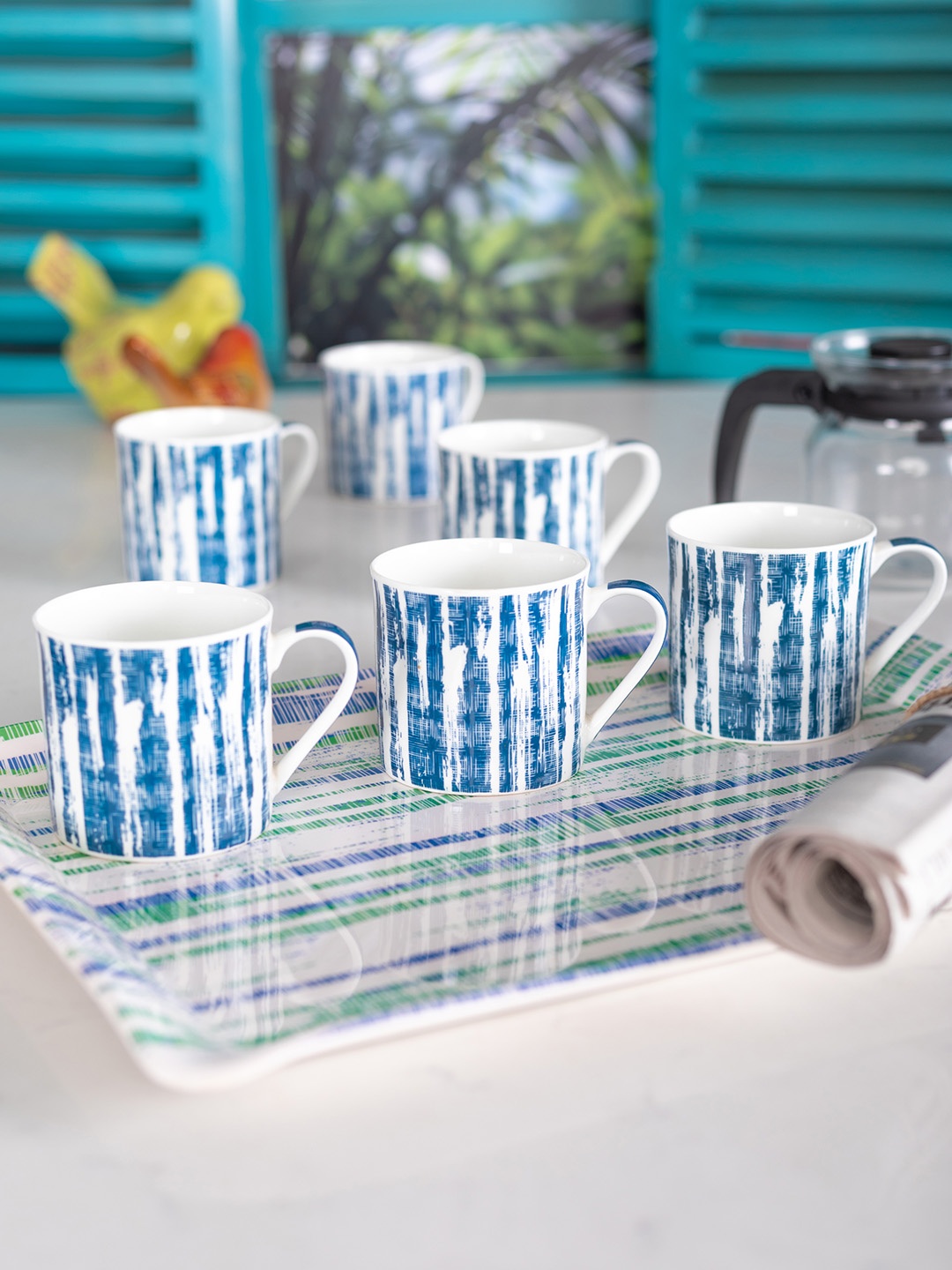 

GOODHOMES White & Blue Set of 6 Printed Tea Coffee Mug Set with Melamine Tray