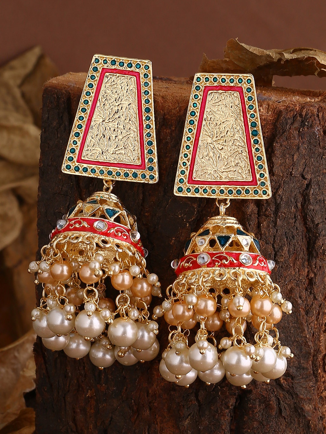 

Shoshaa Gold-Plated & Red Dome Shaped Jhumkas