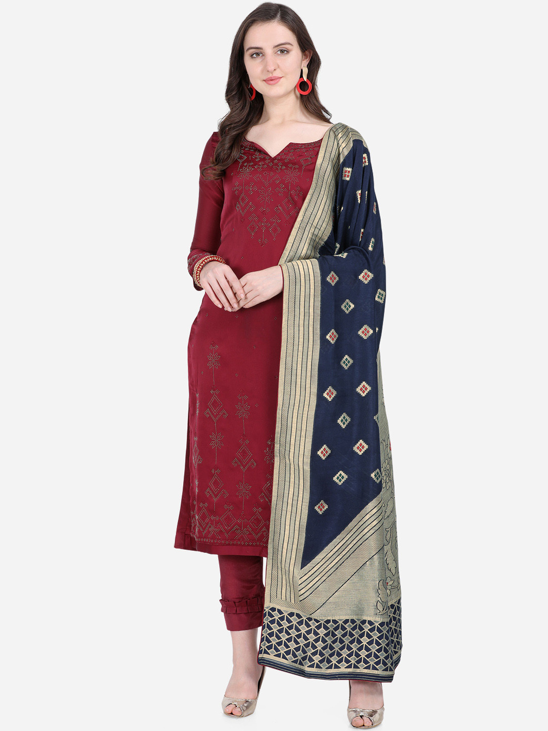 

Stylee LIFESTYLE Maroon & Navy Blue Satin Semi-Stitched Dress Material