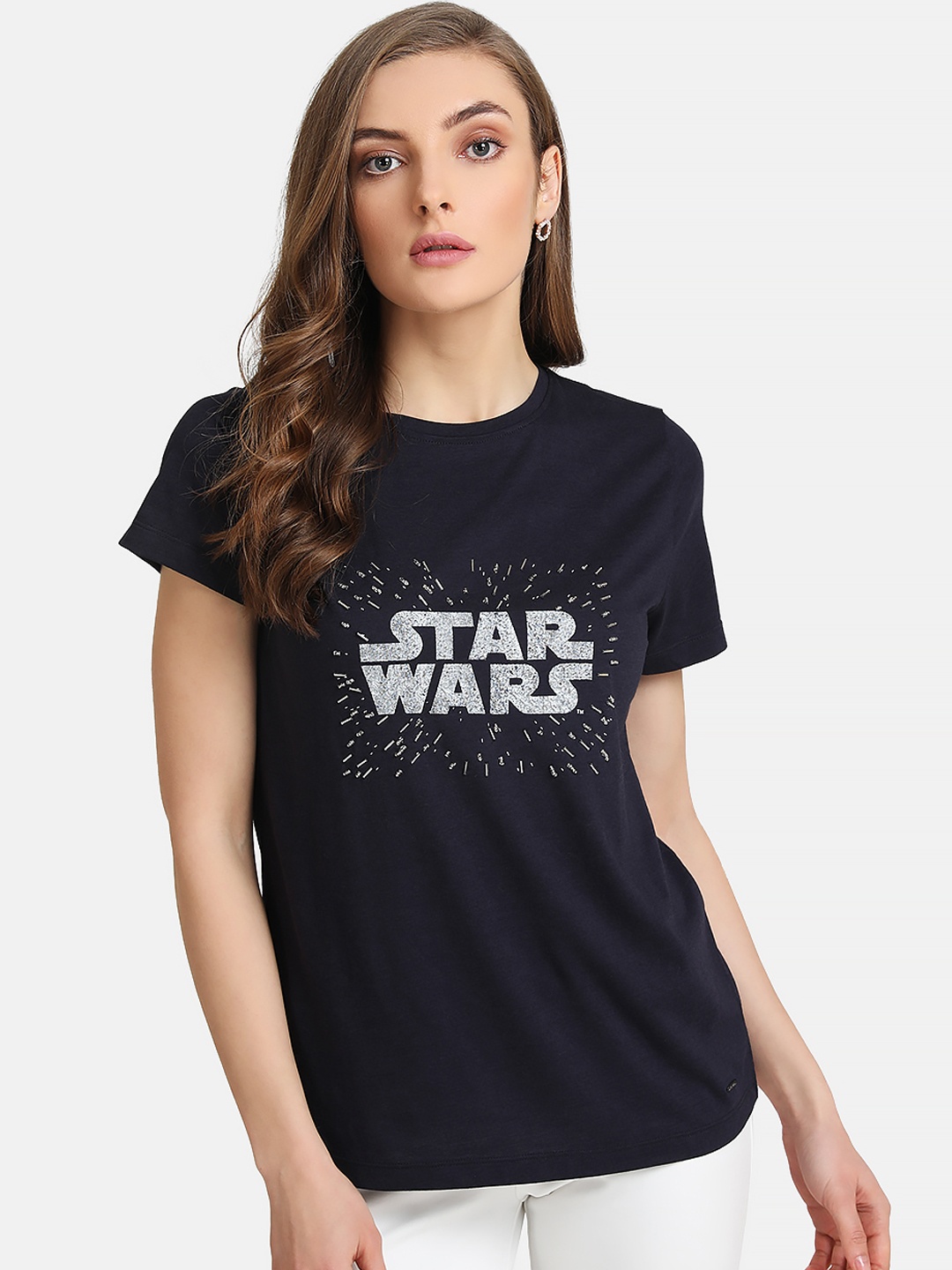 

Kazo Women Navy Blue & Grey Star Wars Printed Round Neck T-shirt