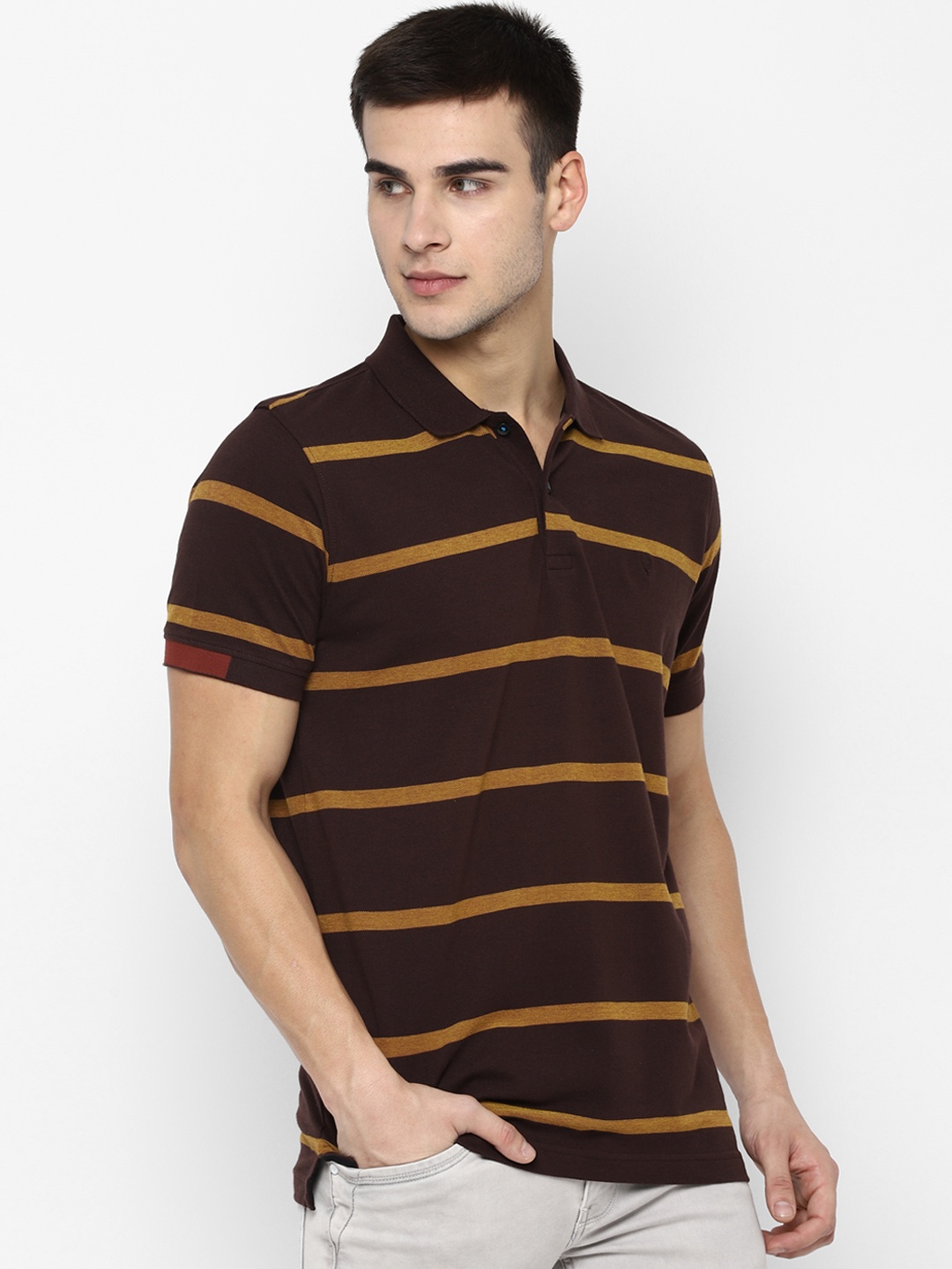 Allen Solly Men Brown Striped Polo Collar Pure Cotton T-shirt