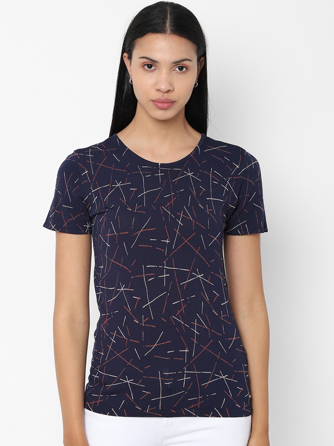 

Allen Solly Woman Navy Blue & Brown Printed Round Neck T-shirt