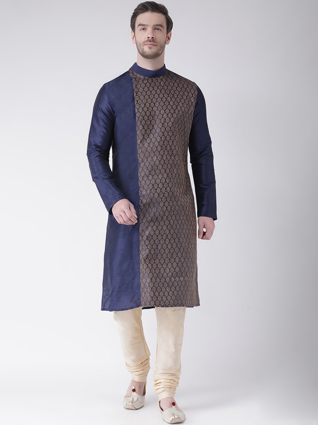 

DEYANN Men Navy Blue & Gold-Toned Woven Design Straight Kurta