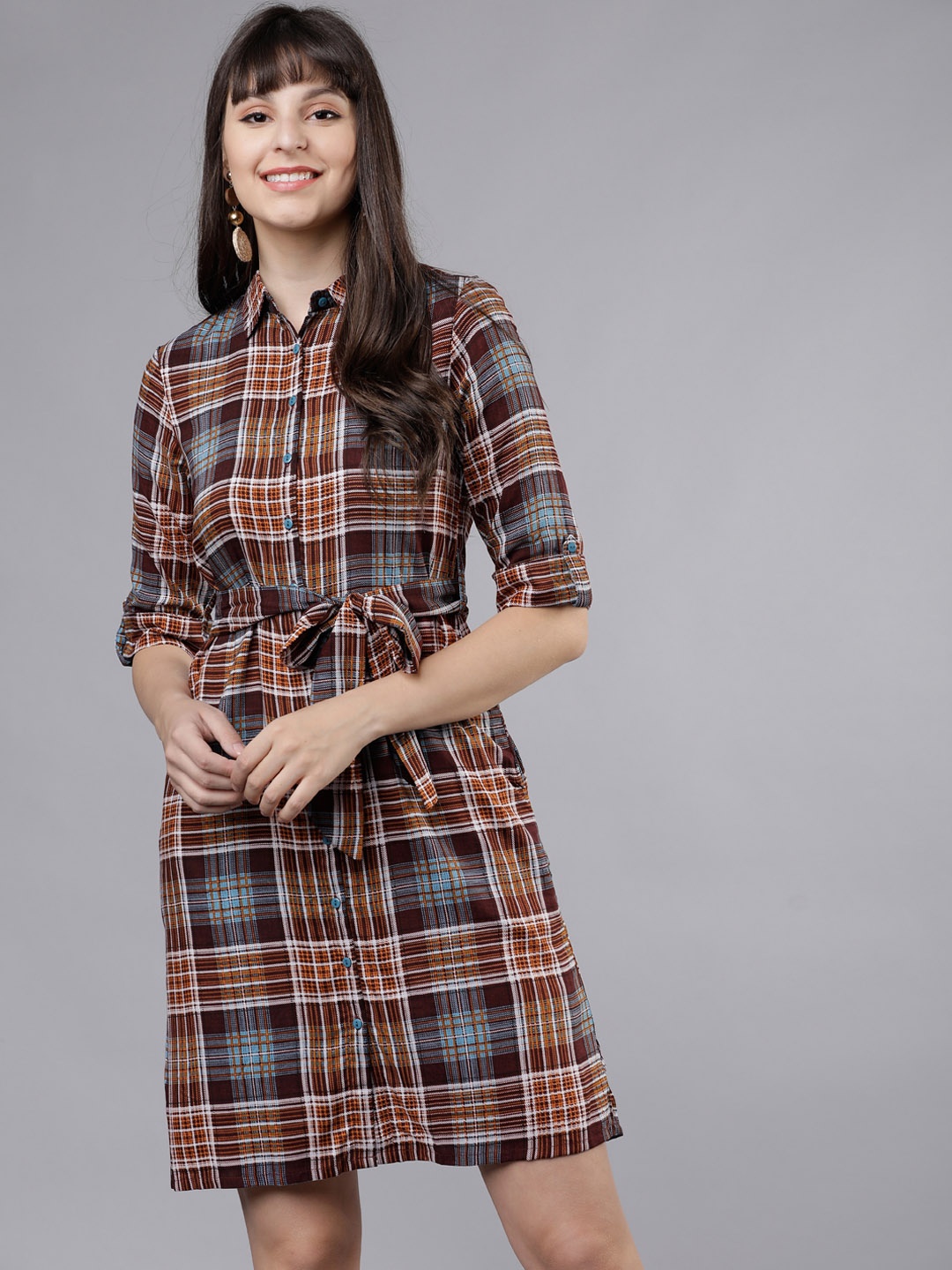 

Tokyo Talkies Women Burgundy & Turquoise Blue Checked Shirt Dress