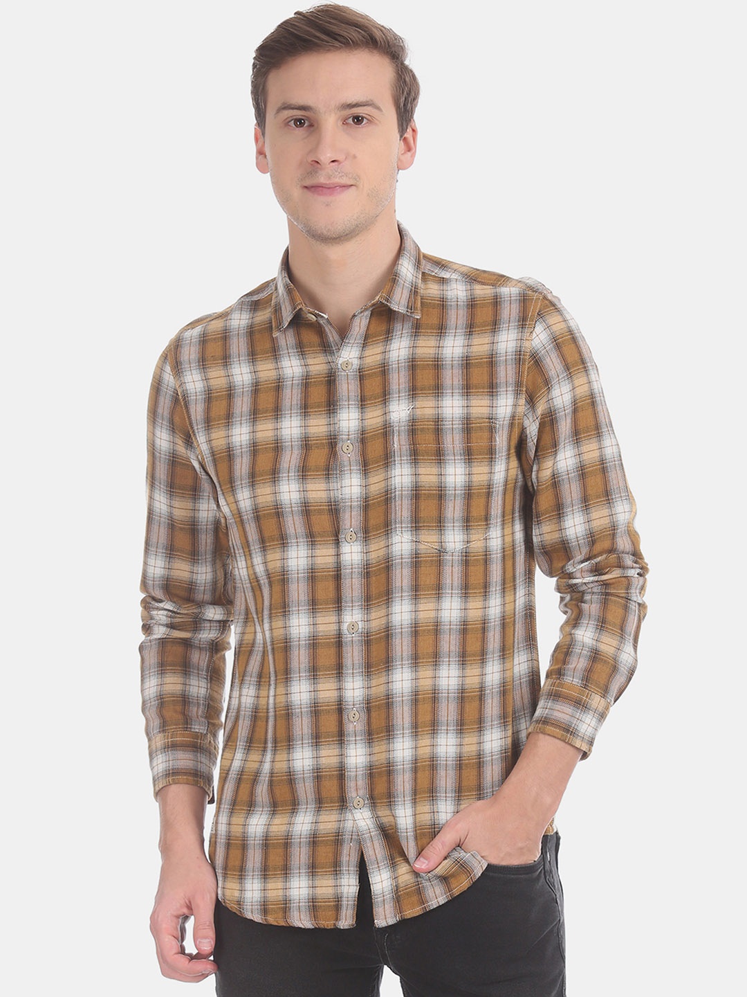 

Ed Hardy Men Mustard Yellow & White Regular Fit Checked Casual Shirt