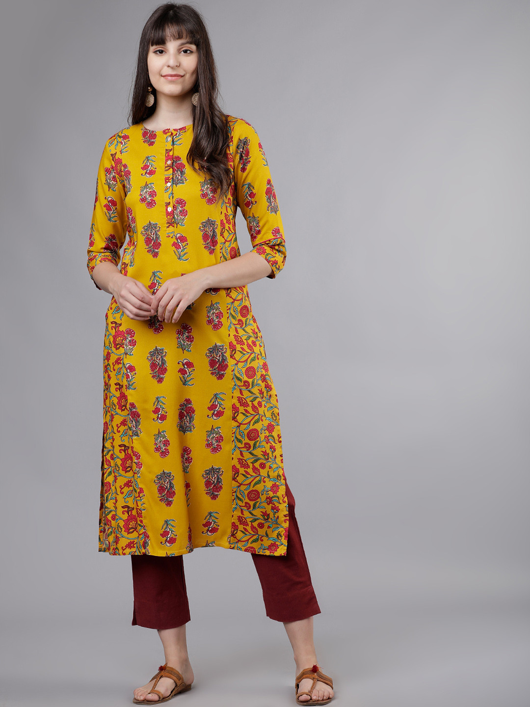 

Vishudh Women Mustard Yellow & Red Printed Straight Kurta