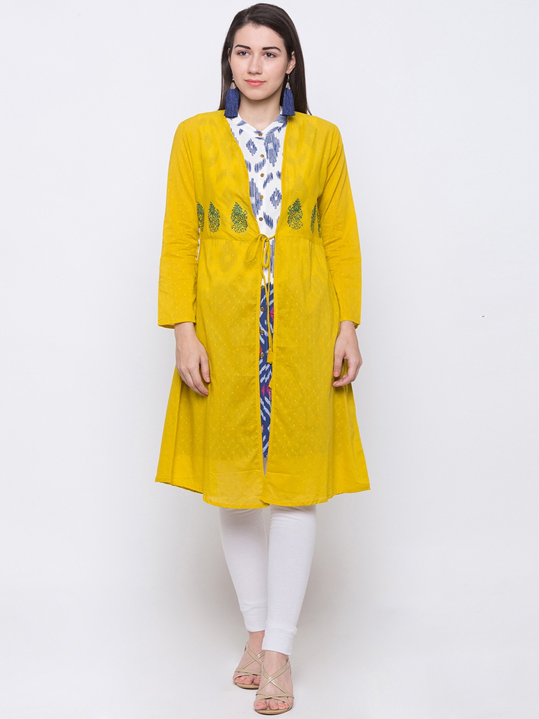 

Globus Women Yellow Self Design Tie-Up Shrug