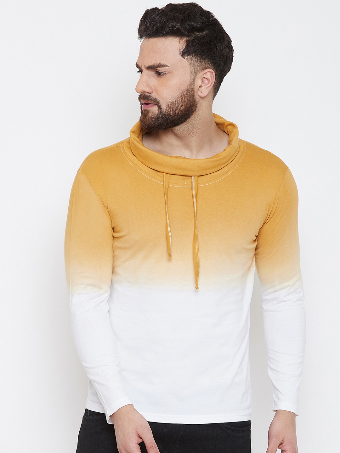 

GRITSTONES Men White Colourblocked Cowl Neck T-shirt