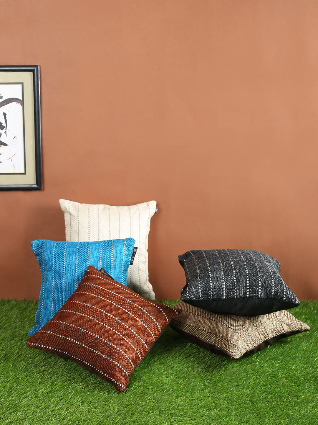 

ROMEE Multicoloured Set of 5 Striped Square Cushion Covers, Multi