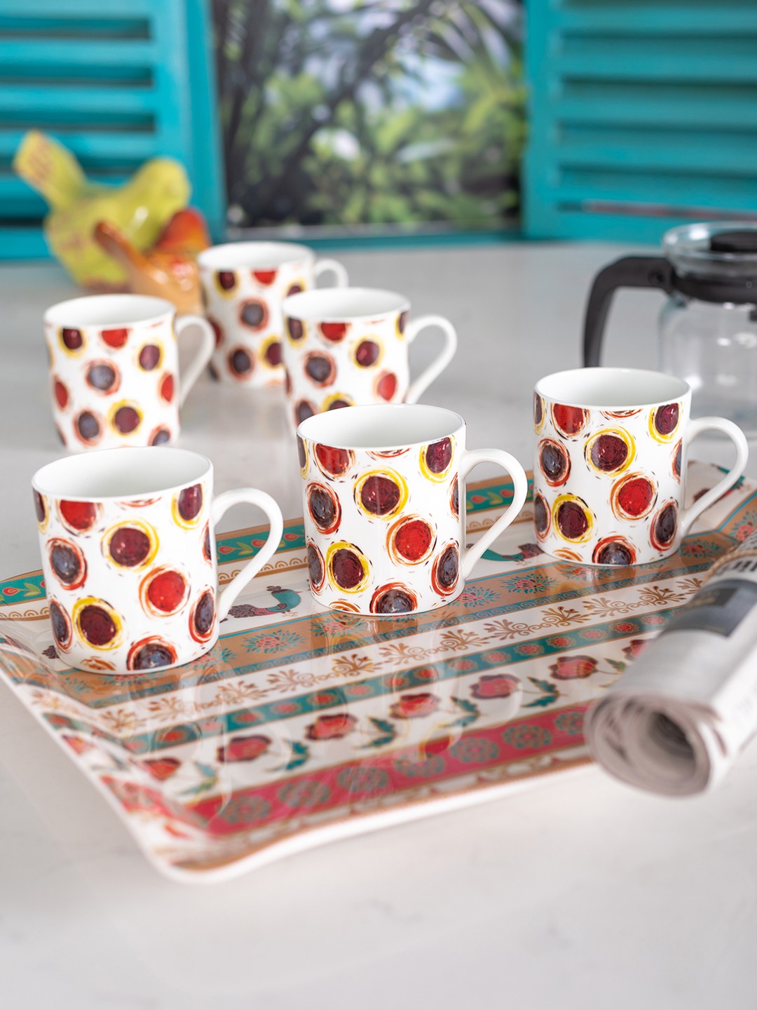

GOODHOMES Set of 6 White, Red & Yellow Printed Tea Mug Set with Tray