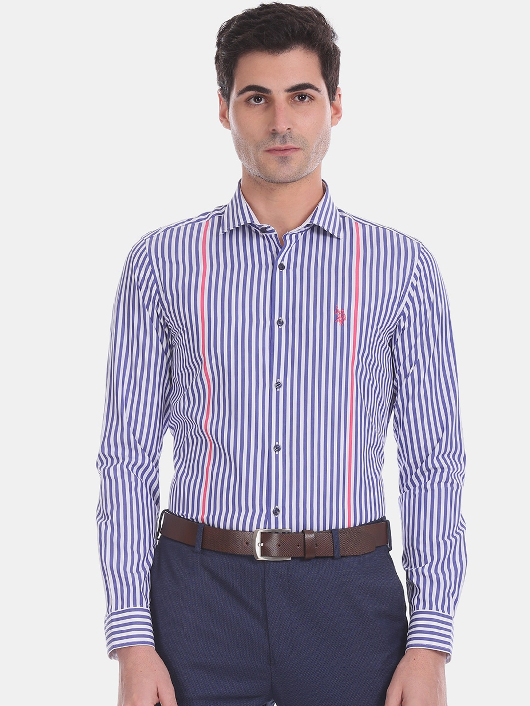 

U.S. Polo Assn. Men Blue & White Slim Fit Striped Formal Shirt