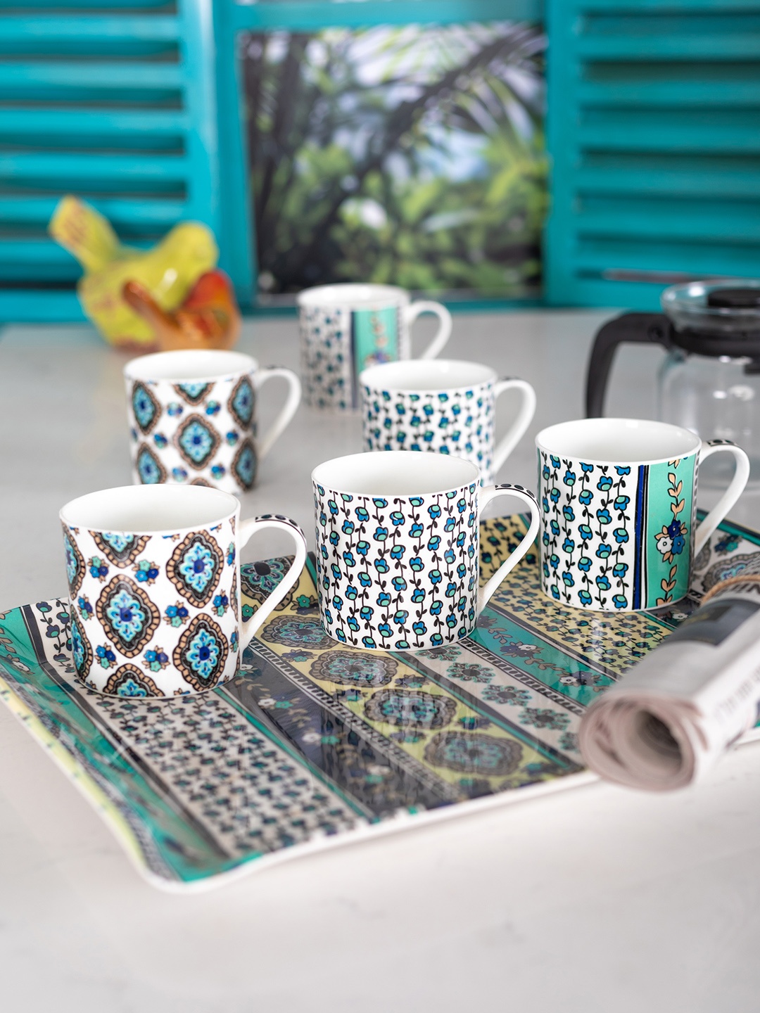

GOODHOMES Set Of 6 White Printed Bone China Coffee Mugs 150ml
