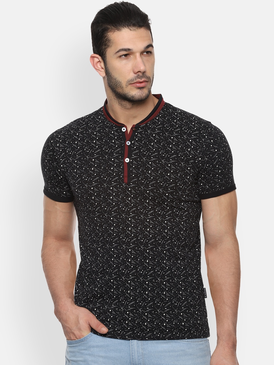 

V Dot Men Black Grey Printed Mandarin Collar Pure Cotton T-shirt