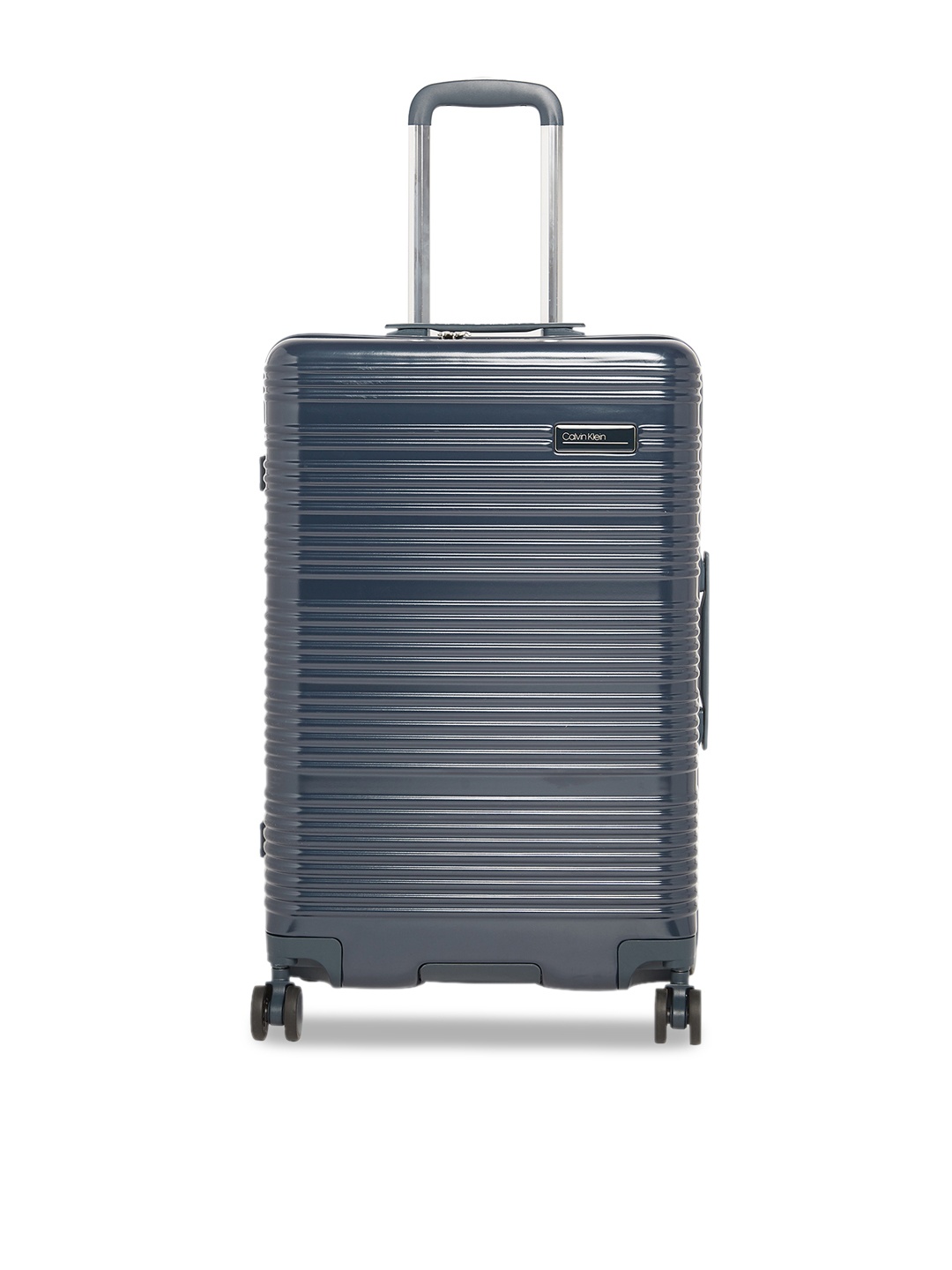 

Calvin Klein Navy Blue Textured Globetrotter Hard-Sided Medium Trolley Suitcase
