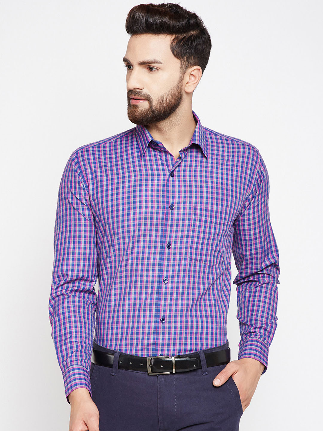 

Hancock Men Pink & Blue Slim Fit Checked Formal Shirt