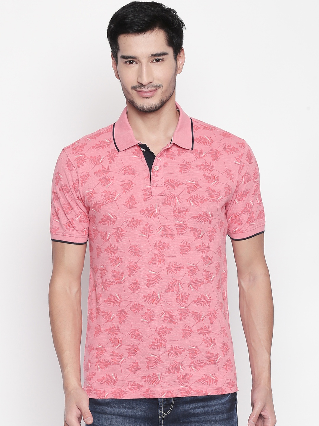 

Urban Ranger by pantaloons Men Pink Slim Fit Printed Polo Collar Pure Cotton T-shirt