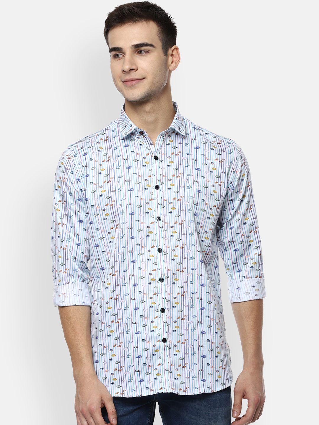 

V Dot Men Blue & White Slim Fit Printed Casual Shirt